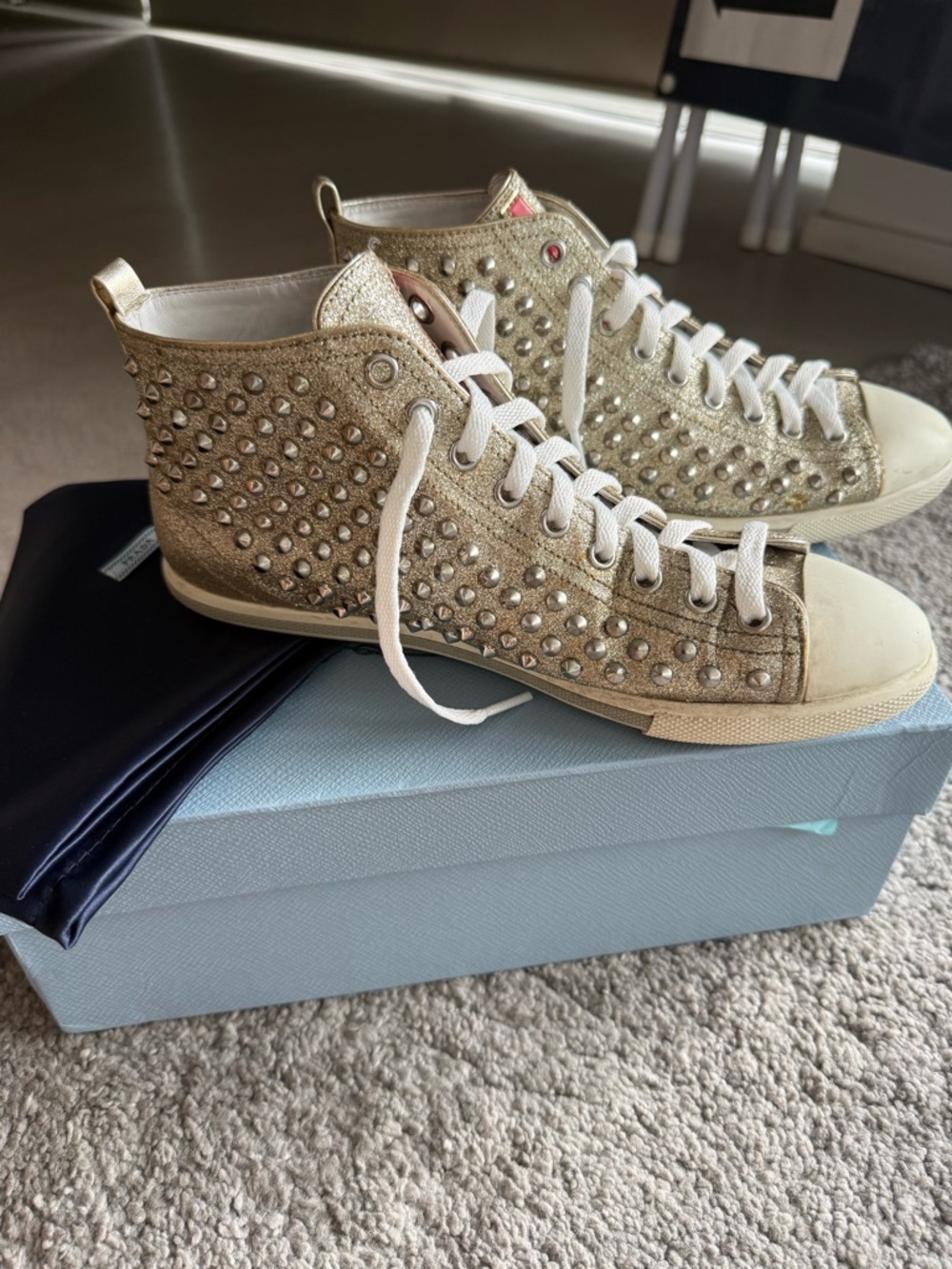 Prada Glitter Studded Accent Sneakers size 38